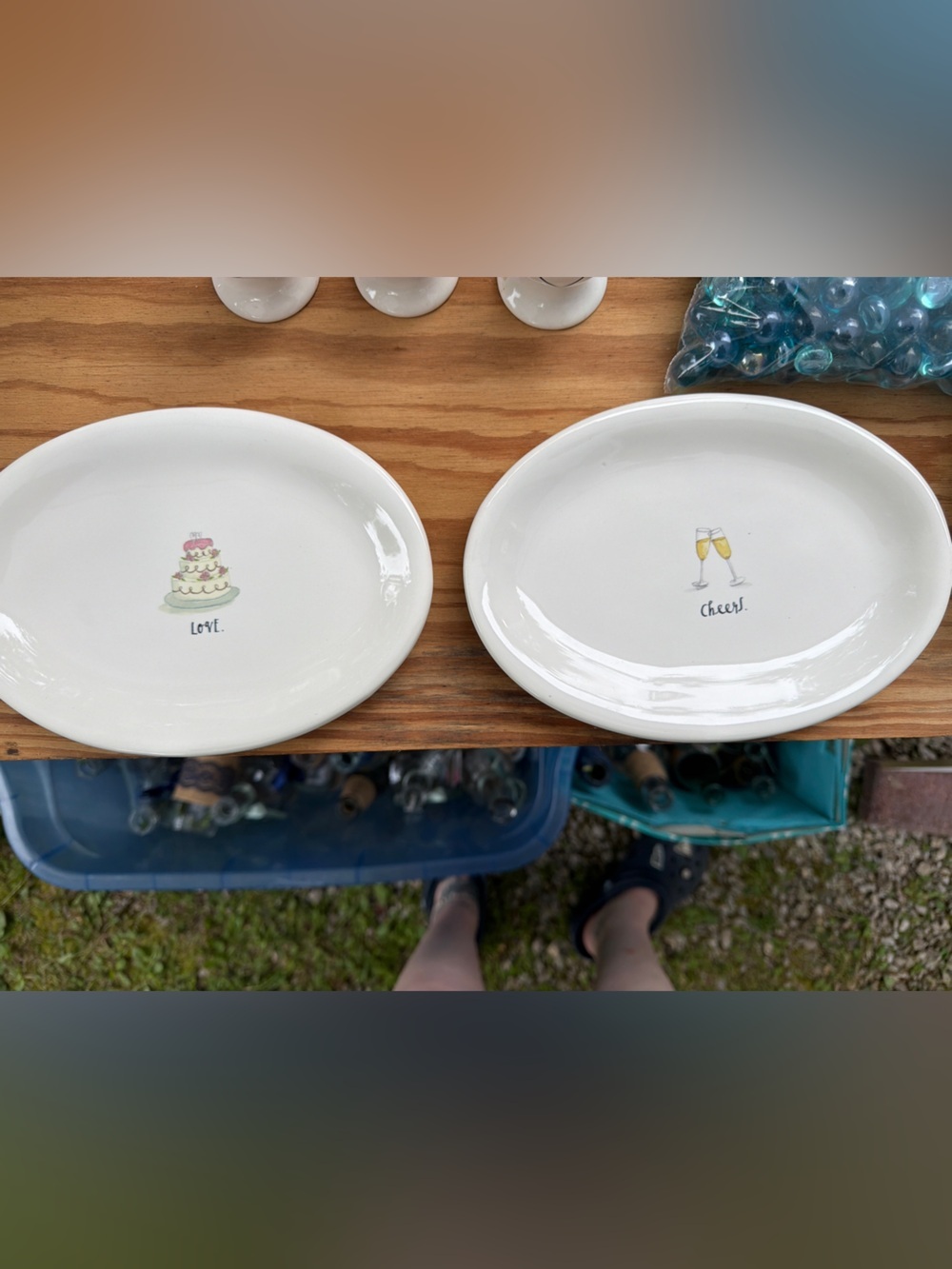 Rae Dunn "LOVE" Cake & "Cheers" Champagne Ceramic Oval Platter Set - Pack of 2